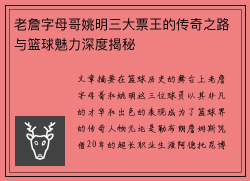 老詹字母哥姚明三大票王的传奇之路与篮球魅力深度揭秘