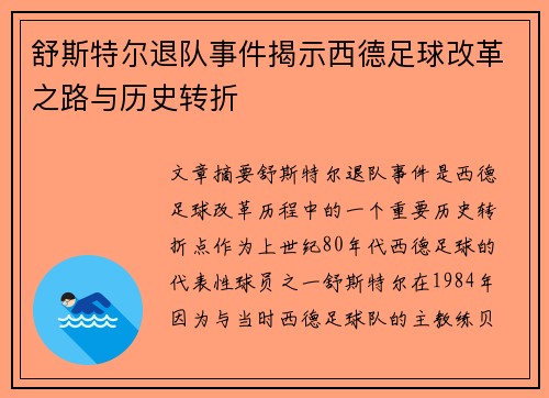 舒斯特尔退队事件揭示西德足球改革之路与历史转折